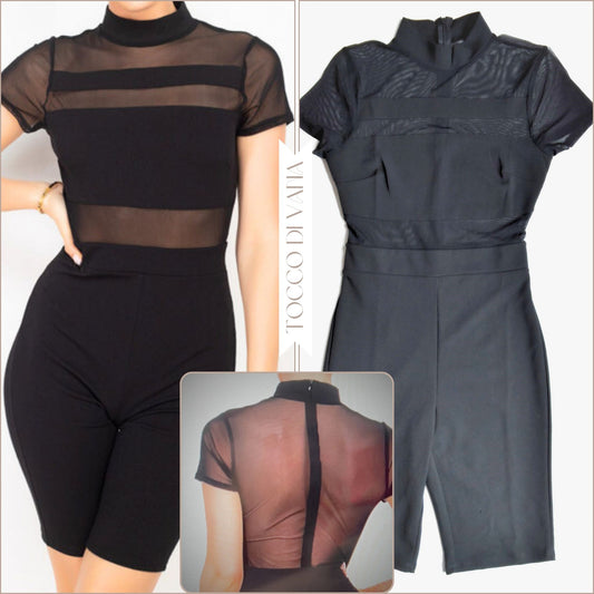 Strip Mesh Biker Romper