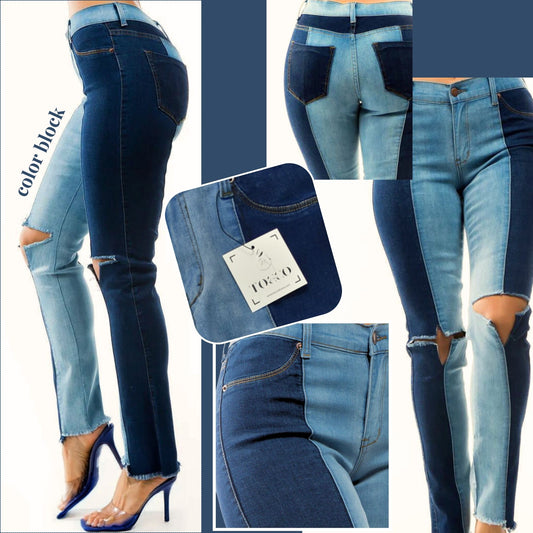 Straight-Fit Color Block Jeans